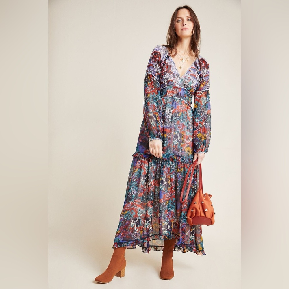 Anthropologie x Maeve Annabella Maxi Dress Multicolor Long Sleeve Dress.